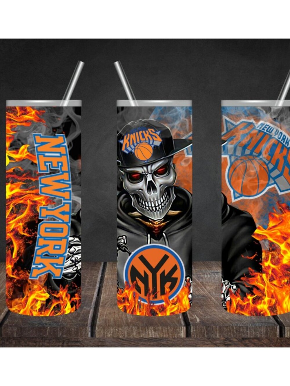 New York Knicks Skull Flame 20oz Skinny Tumbler | Knicks Fan Gift | Basketball T